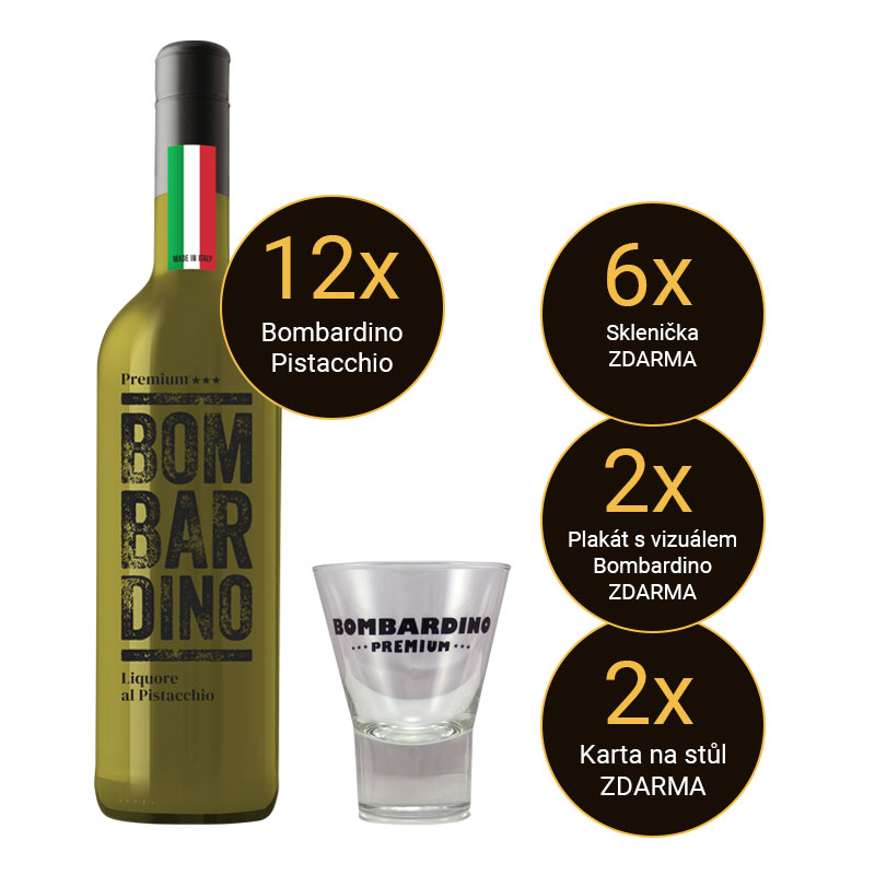 12 x Bombardino Premium® al PISTACCHIO, 1,0 L, 17 % Vol., Itálie + 6 skleniček, 2 plakáty, 2 karty na stůl